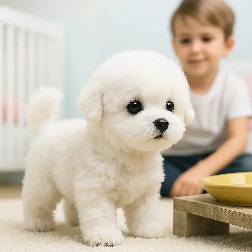 White PupPalo interactive walking plush dog in a bright playroom