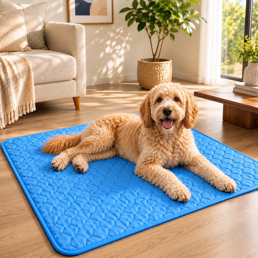 Dog resting on the CoolPaws cooling mat at home
