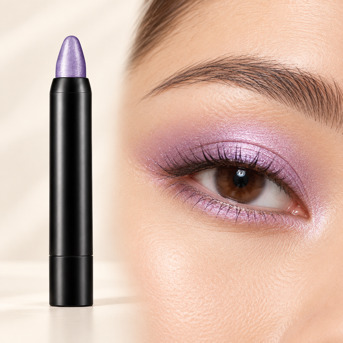 Lumi Light Purple shimmer eyeshadow pencil and finished eye look