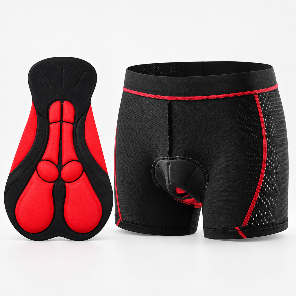 Red RideEase padded cycling underwear with contoured cycling pad