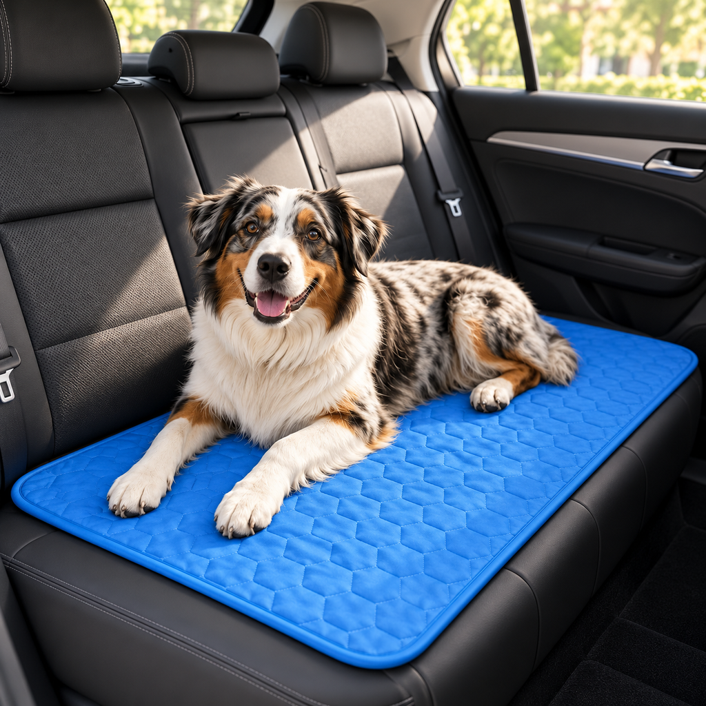 CoolPaws dog cooling mat across a parked car rear seat