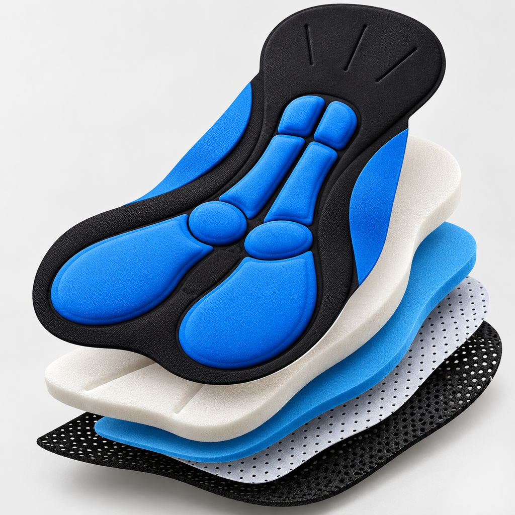 RideEase blue multi zone cycling pad and breathable material layers