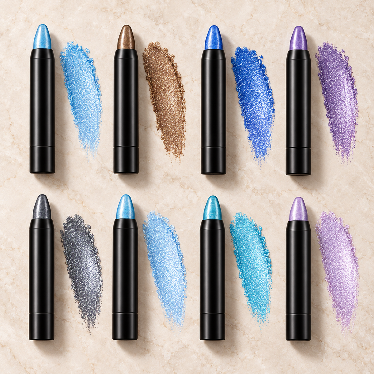 Lumi eyeshadow pencil collection with eight shimmer colour swatches