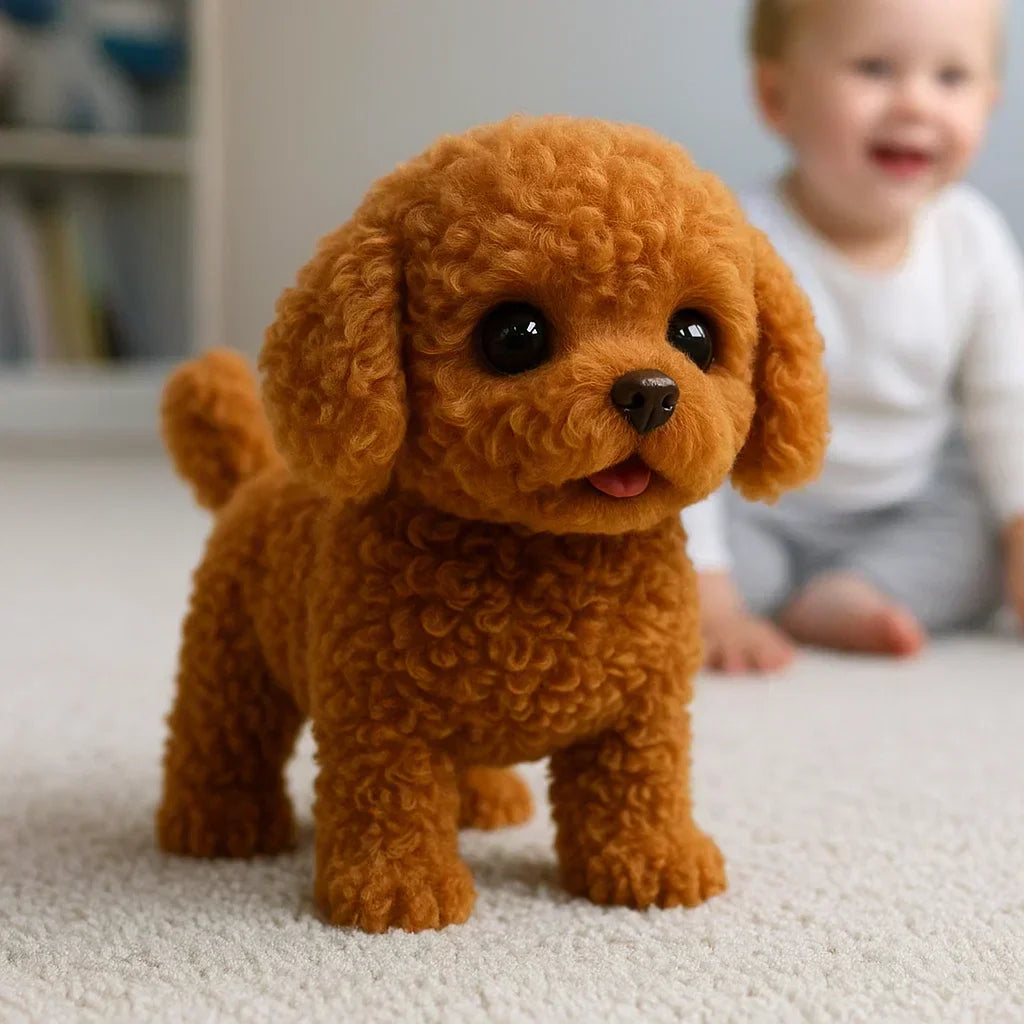 Brown interactive plush puppy in a family playroom