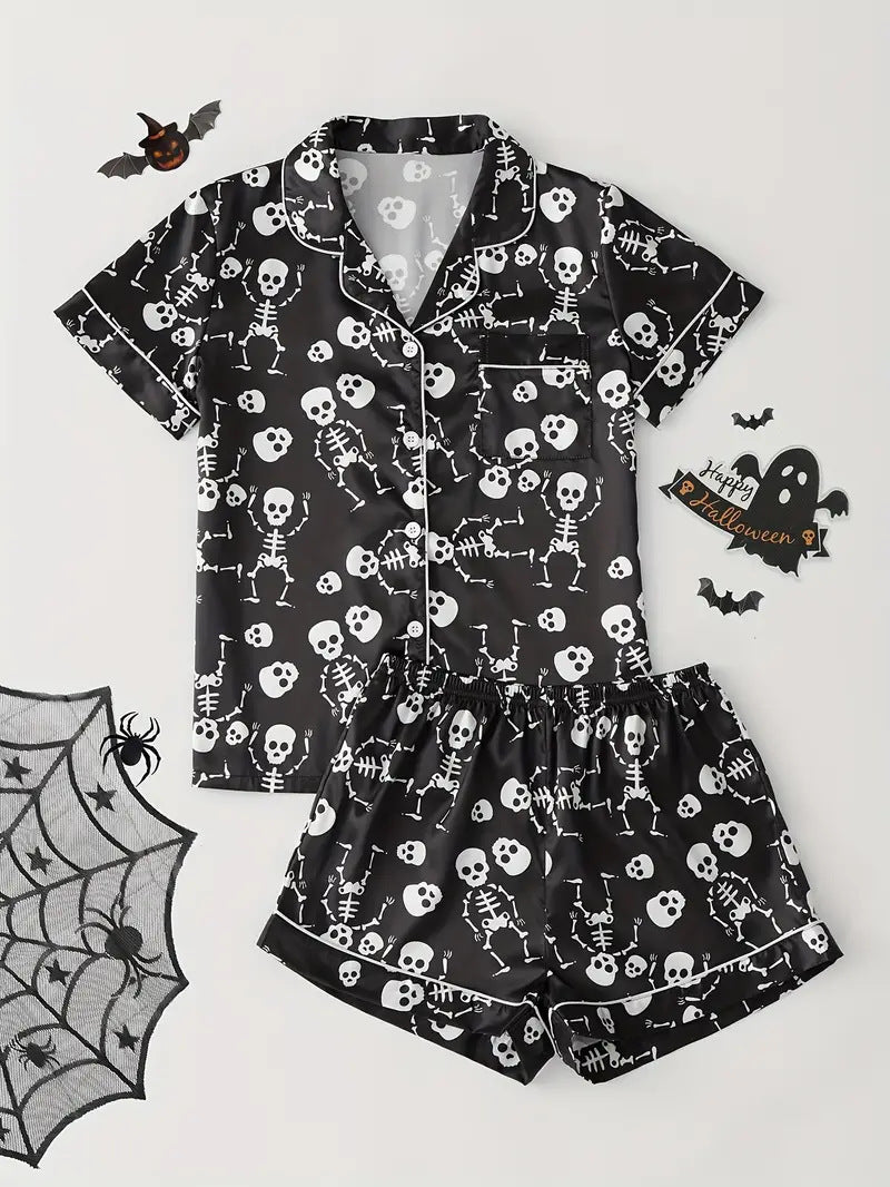 Womens Halloween pyjamas in black skull and crossbones print, short-sleeve top and shorts