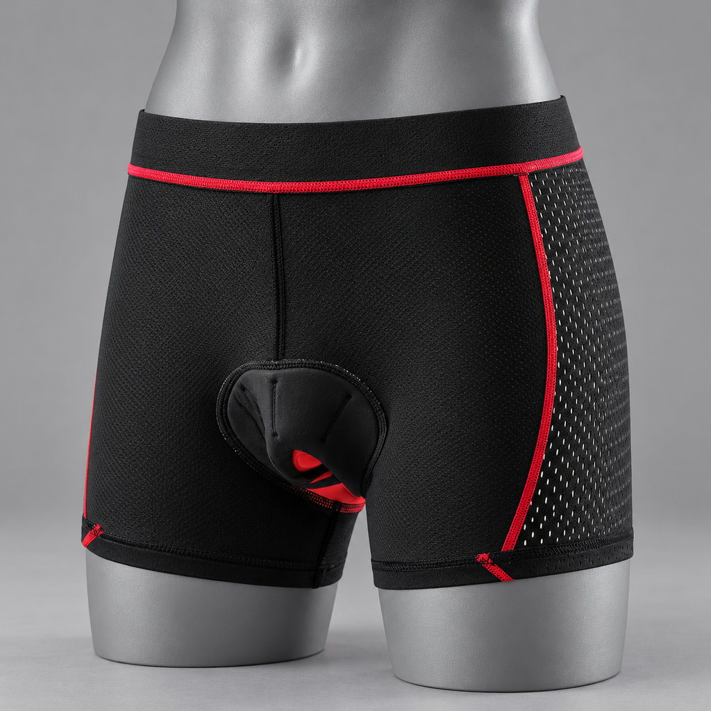 Red RideEase padded cycling underwear showing close athletic fit