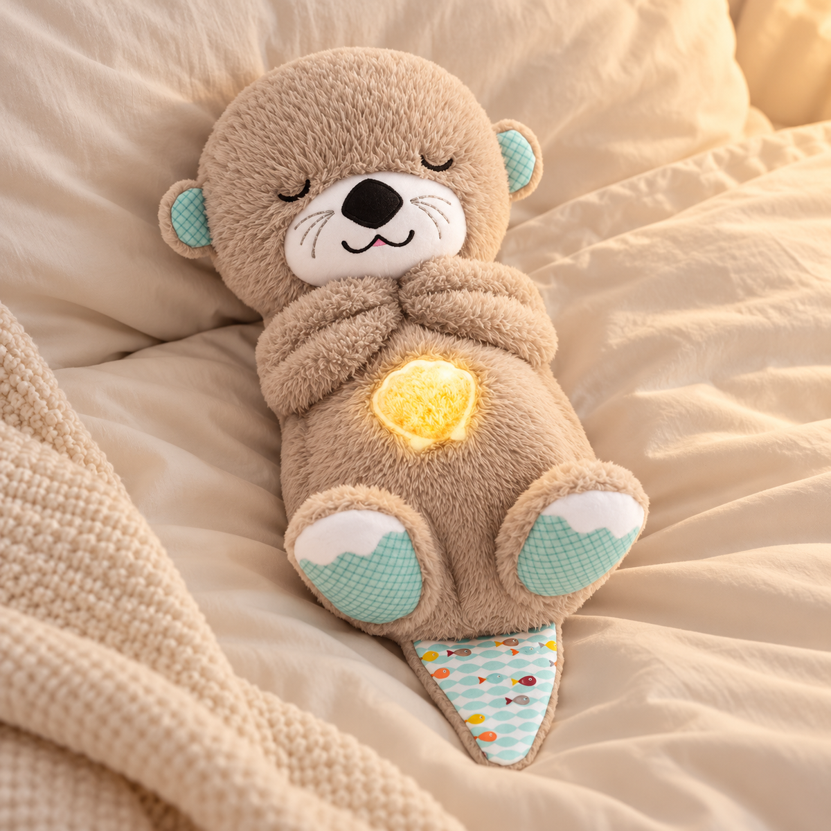 Snoozie calming plush otter resting on soft neutral bedding