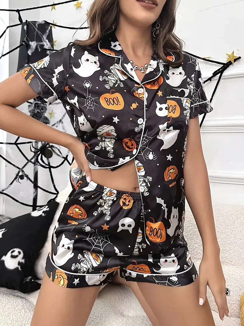 Womens Halloween pyjamas in black ghost and pumpkin print, short-sleeve top and shorts