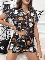 Womens Halloween pyjamas in black ghost and pumpkin print, short-sleeve top and shorts