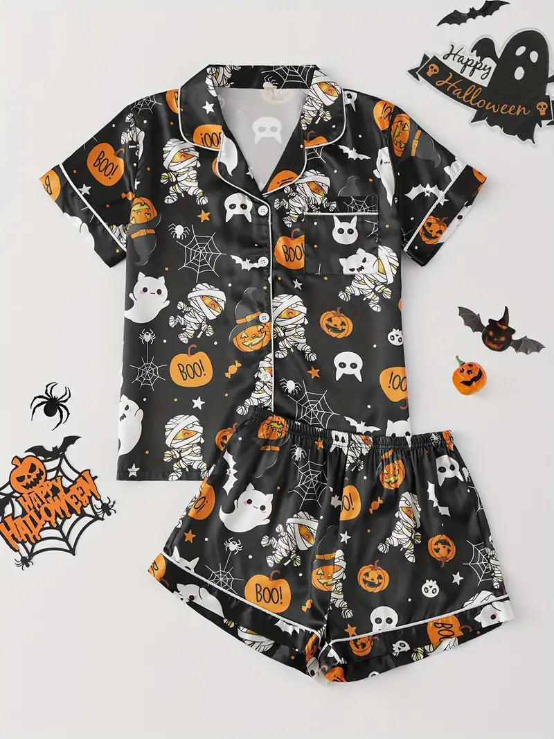 Womens Halloween pyjamas in black pumpkin and ghost print, short-sleeve top and shorts