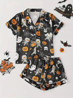 Womens Halloween pyjamas in black pumpkin and ghost print, short-sleeve top and shorts
