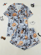 Womens Halloween pyjamas in blue Halloween print, short-sleeve top and shorts