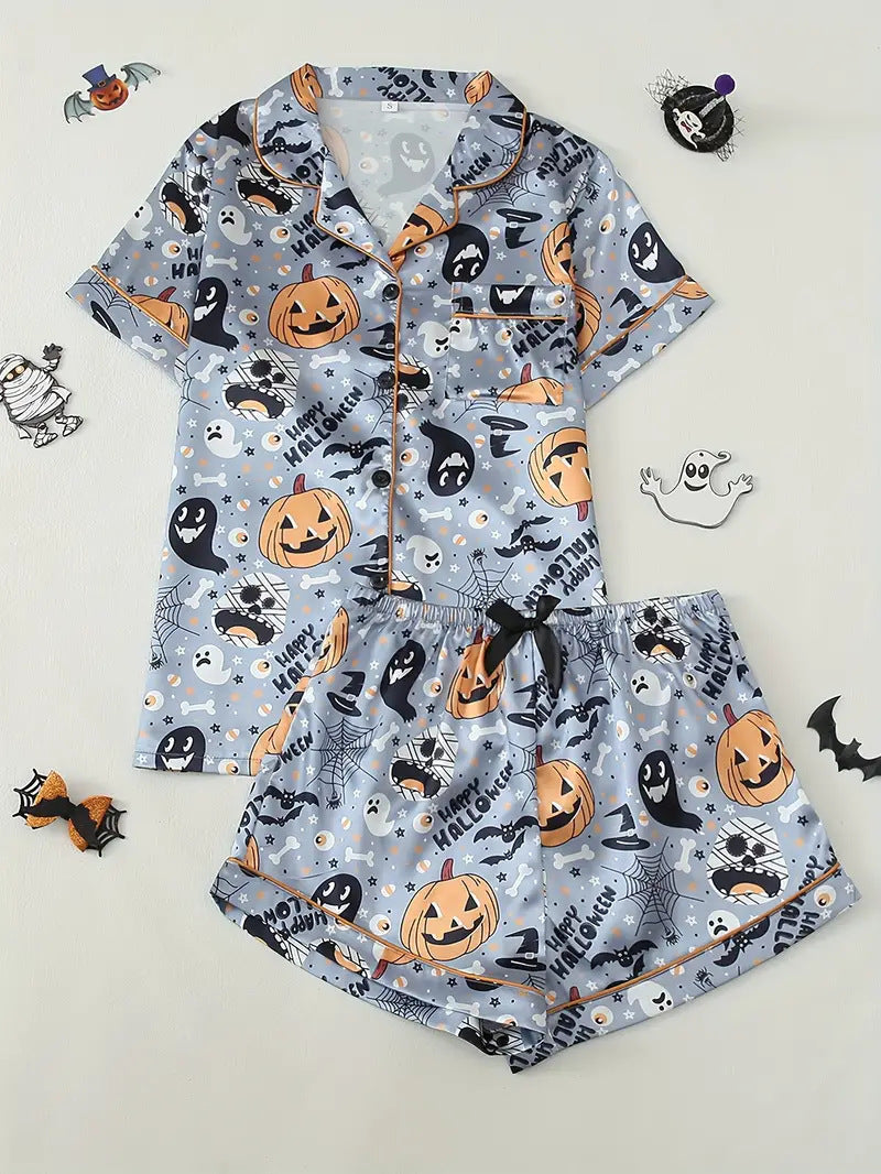 Womens Halloween pyjamas in blue Halloween print, short-sleeve top and shorts