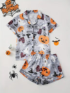 Womens Halloween pyjamas in white ghost and spider print, short-sleeve top and shorts