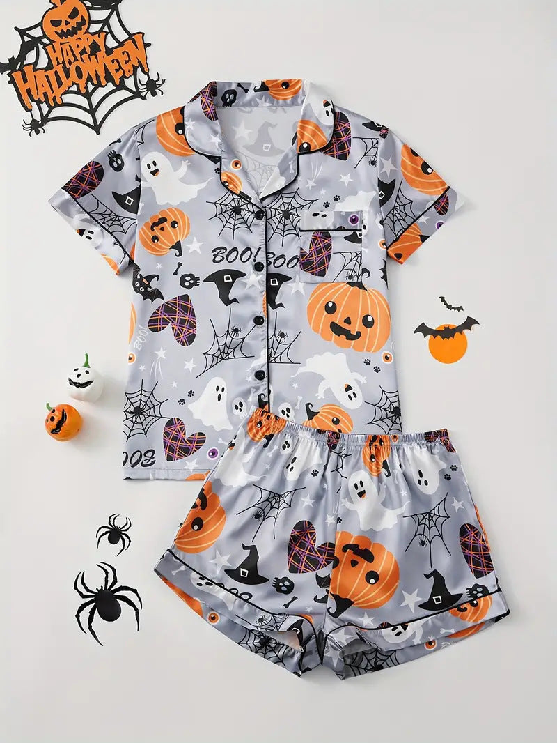 Womens Halloween pyjamas in white ghost and spider print, short-sleeve top and shorts