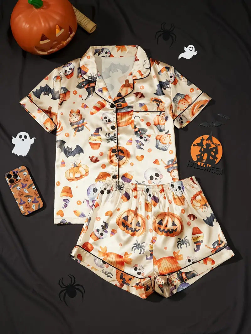 Womens Halloween pyjamas in beige pumpkin print, short-sleeve top and shorts