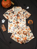 Womens Halloween pyjamas in beige pumpkin print, short-sleeve top and shorts