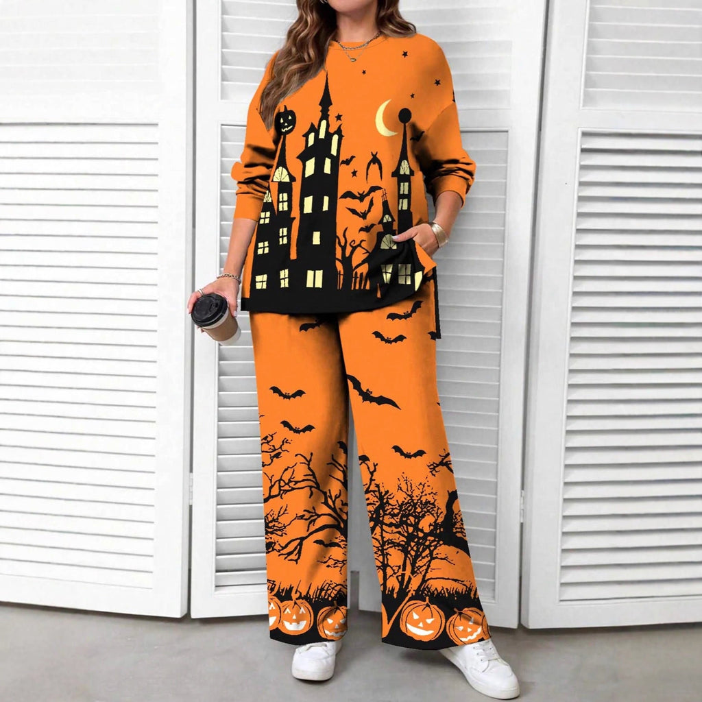 Haunted Manor Halloween pyjama set worn by a model, full-length front view