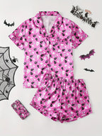 Womens Halloween pyjamas in pink checker Halloween print, short-sleeve top and shorts