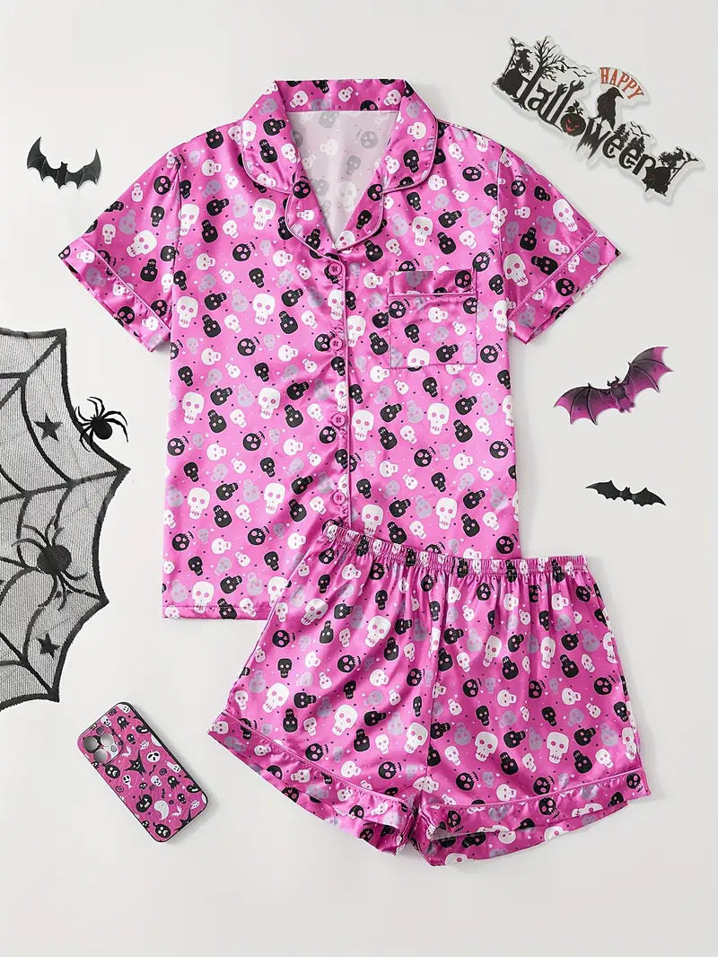 Womens Halloween pyjamas in pink checker Halloween print, short-sleeve top and shorts