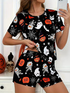 Womens Halloween pyjamas in black ghost print, short-sleeve top and shorts