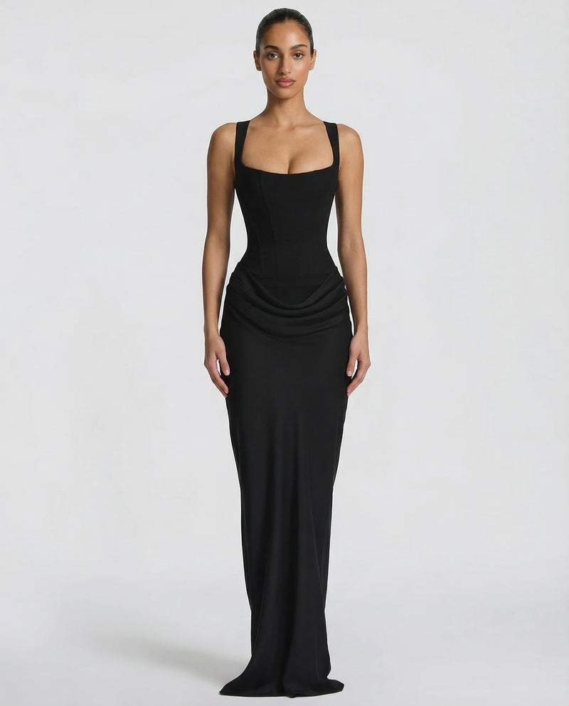 Satin maxi dress in black, front view