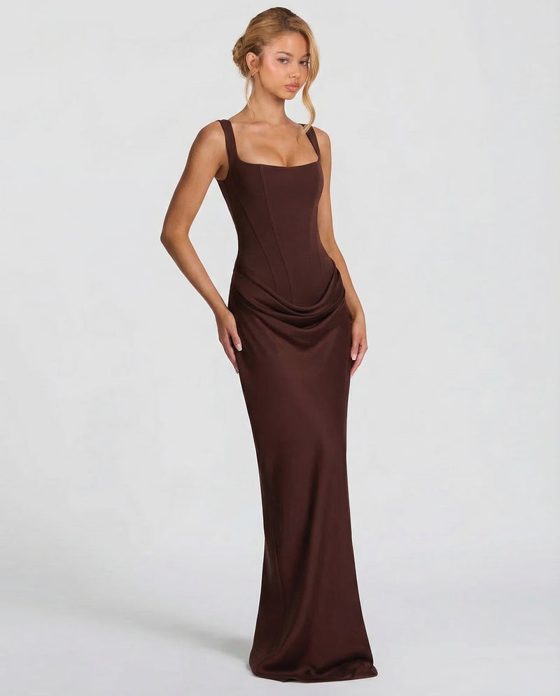 Satin maxi dress in brown, full length