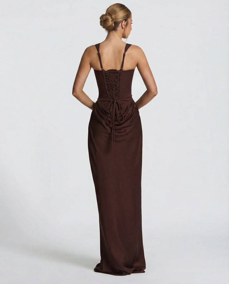 Satin maxi dress in brown, back view showing corset-style lacing