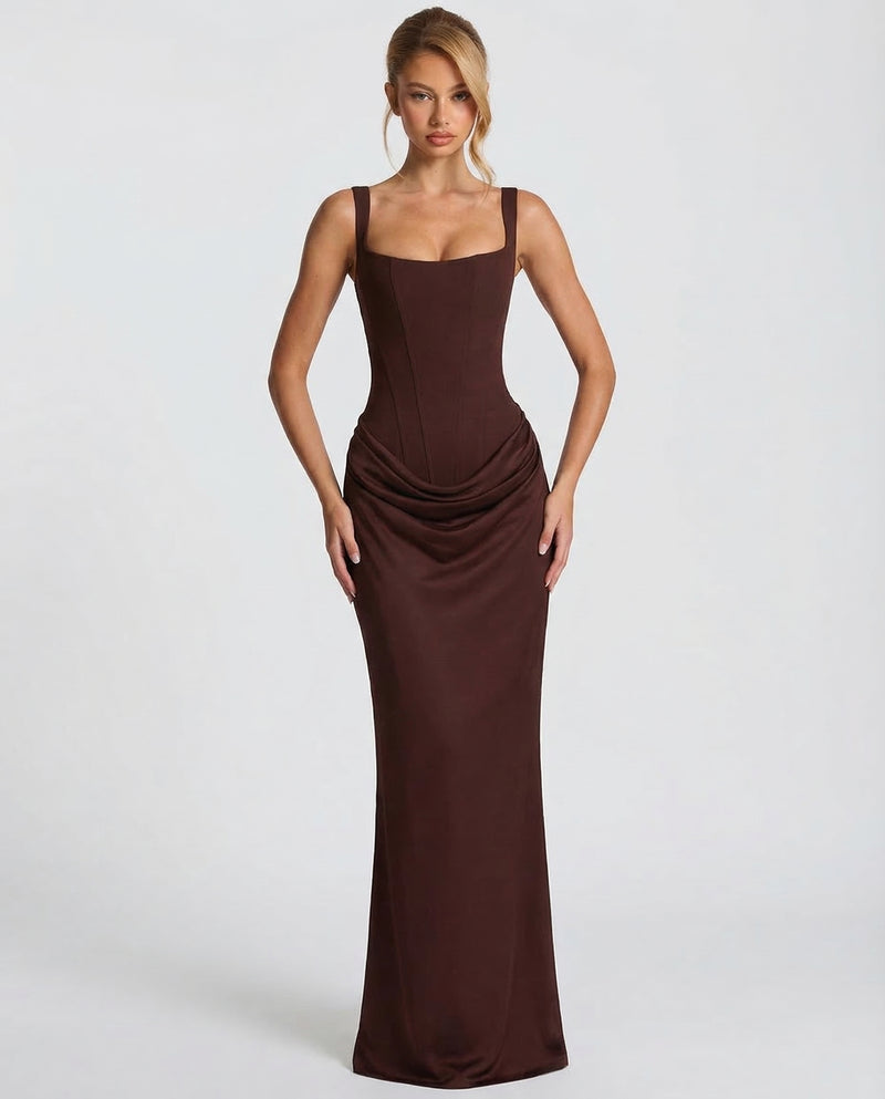 Satin maxi dress in brown, side view