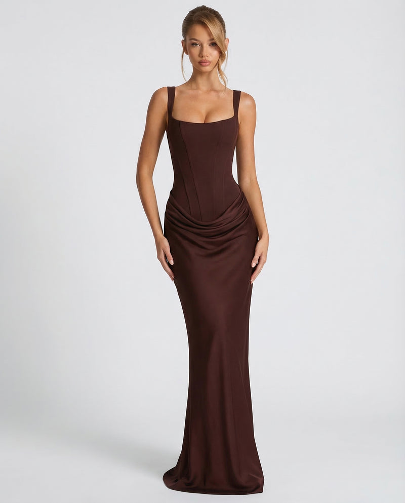 Satin maxi dress in brown, front view