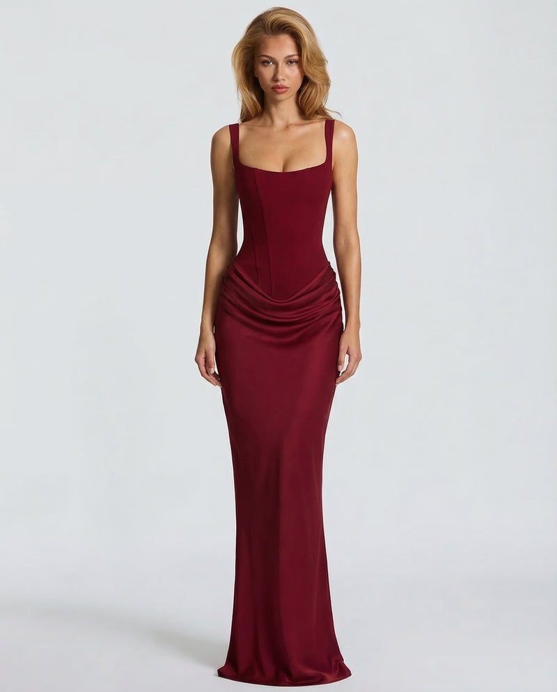 Satin maxi dress in burgundy, front view