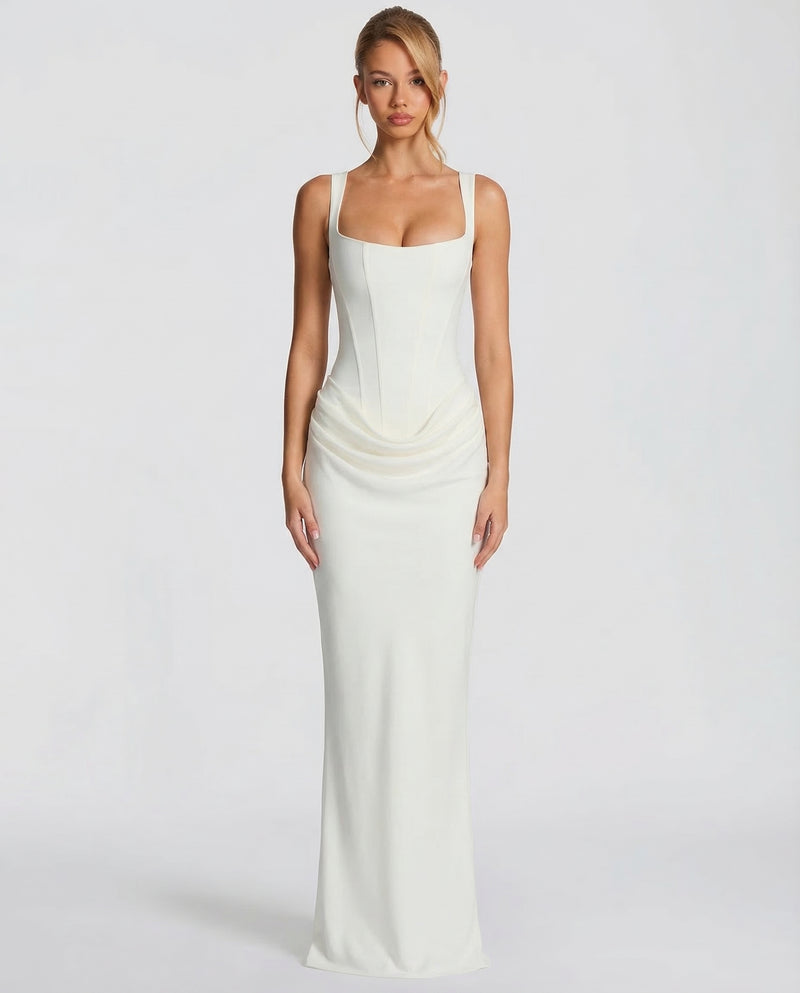 Satin maxi dress in white, front view