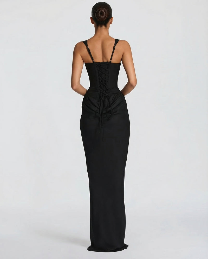 Satin maxi dress in black, back view showing corset-style lacing