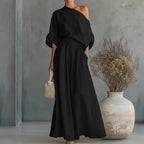 One-Shoulder Linen-Look Maxi Set in Black