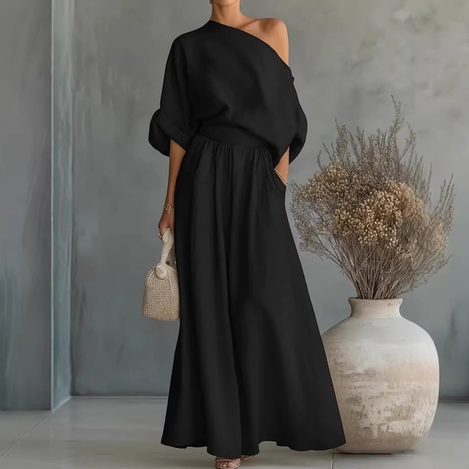 One-Shoulder Linen-Look Maxi Set in Black