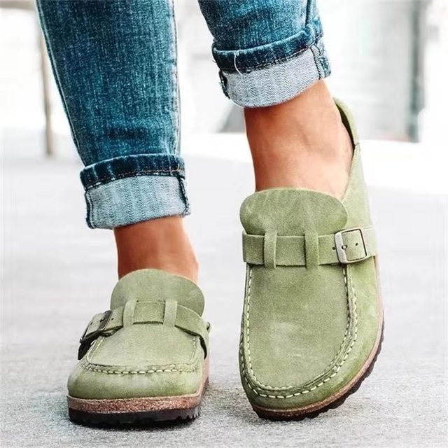 Orthopedic loafers for women in Green, front and side view