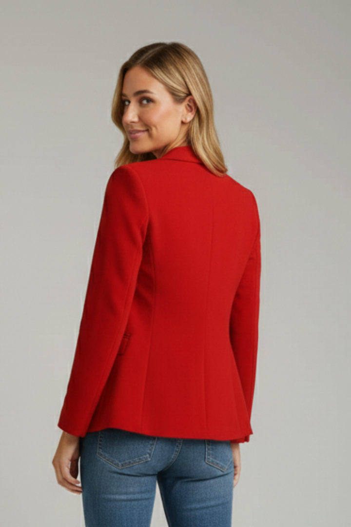 Back view of a red womens blazer jacket