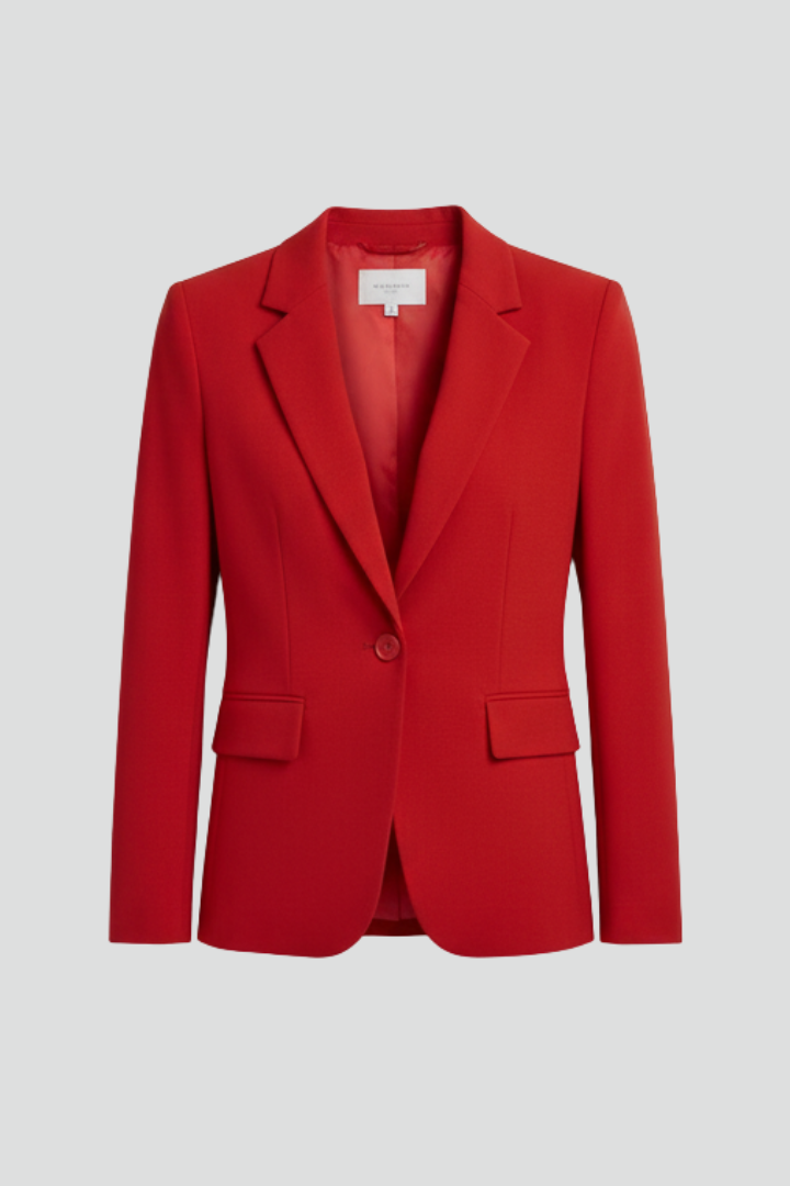 Womens blazer jacket in red, flat lay showing the notched lapel and single button