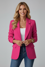 Model wearing a pink womens blazer jacket with a white top