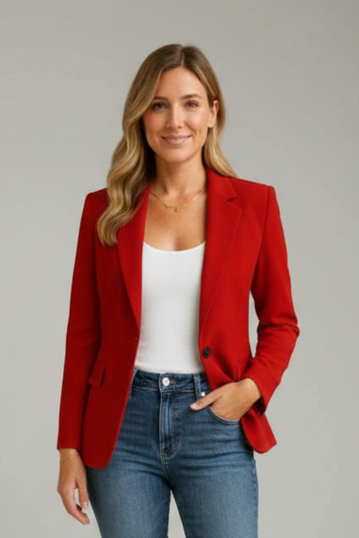 Model wearing a red womens blazer jacket with a white top and jeans, front view