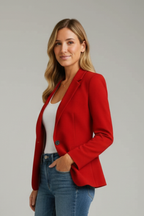 Model in a red womens blazer jacket, three-quarter view