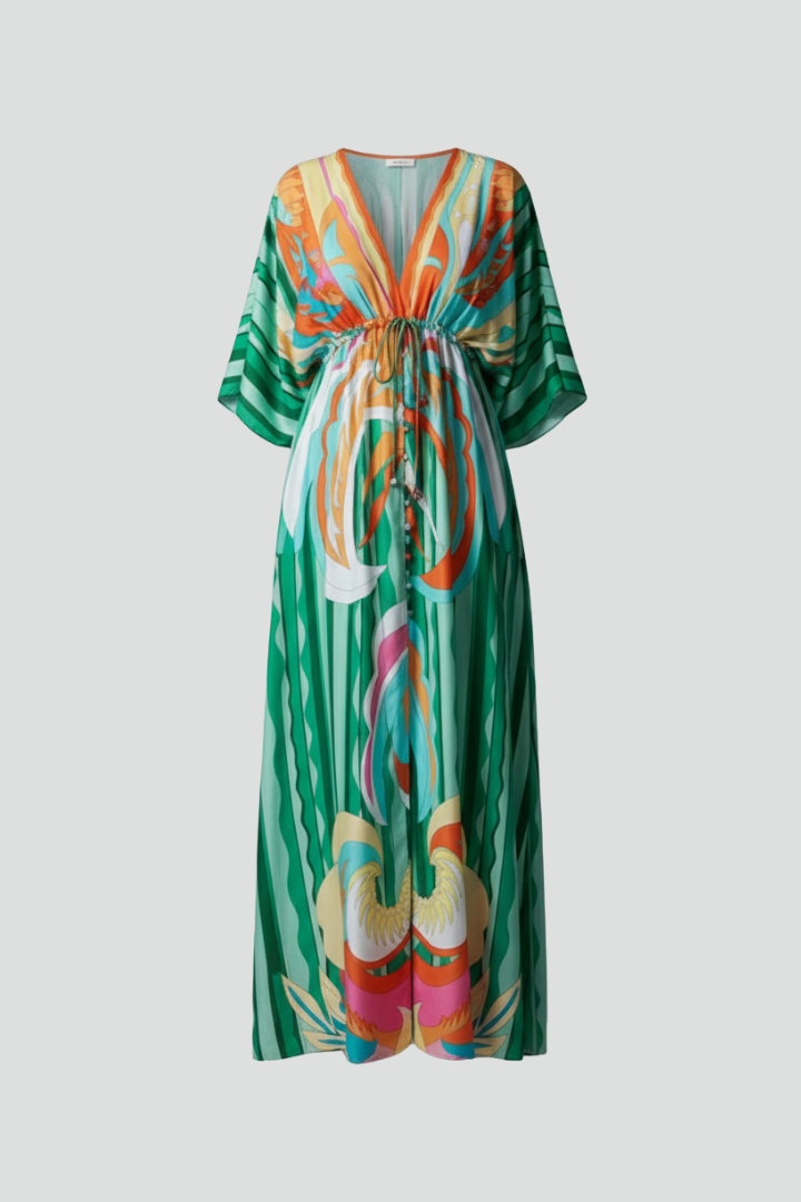 Bohemian print maxi dress flat lay with V neckline and tie waist