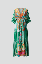 Bohemian print maxi dress flat lay with V neckline and tie waist