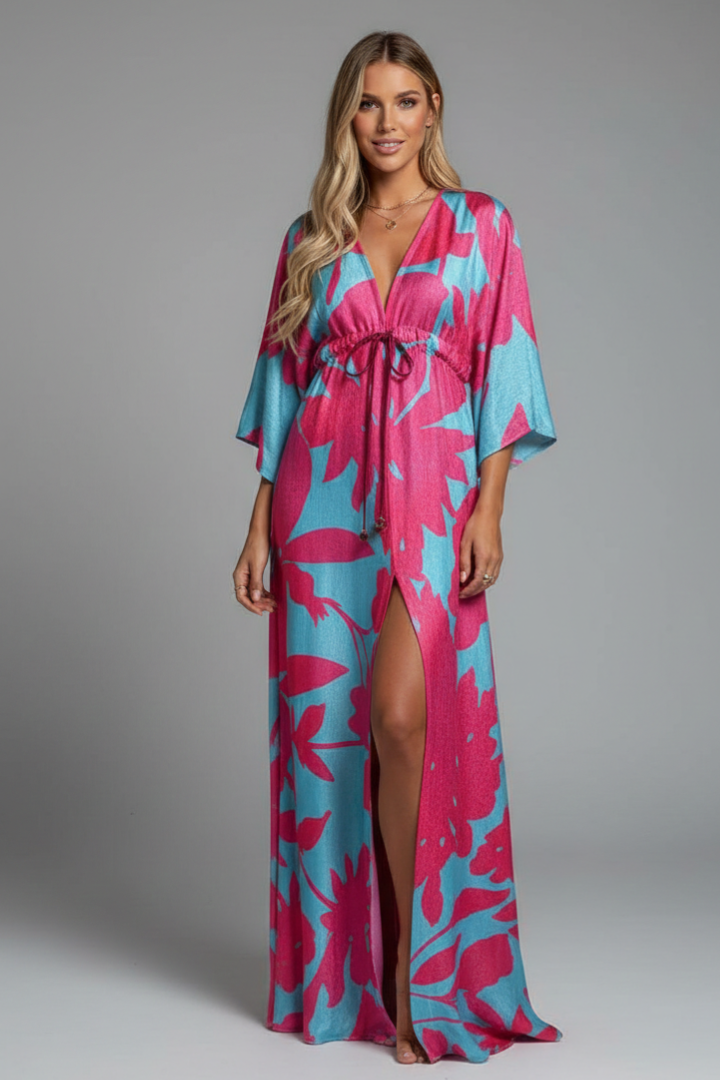 Bohemian print maxi dress in pink and turquoise floral print