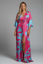 Bohemian print maxi dress in pink and turquoise floral print