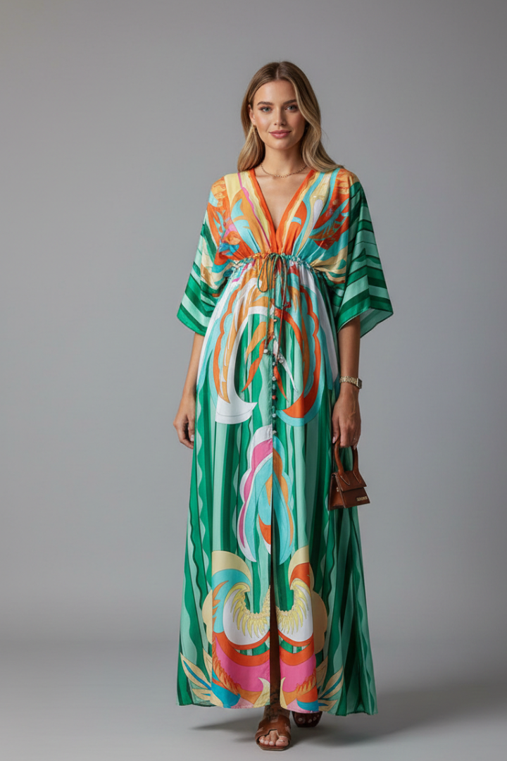 Bohemian print maxi dress in green swirl print, front view