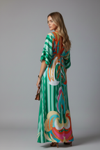 Bohemian print maxi dress in green swirl print, back view