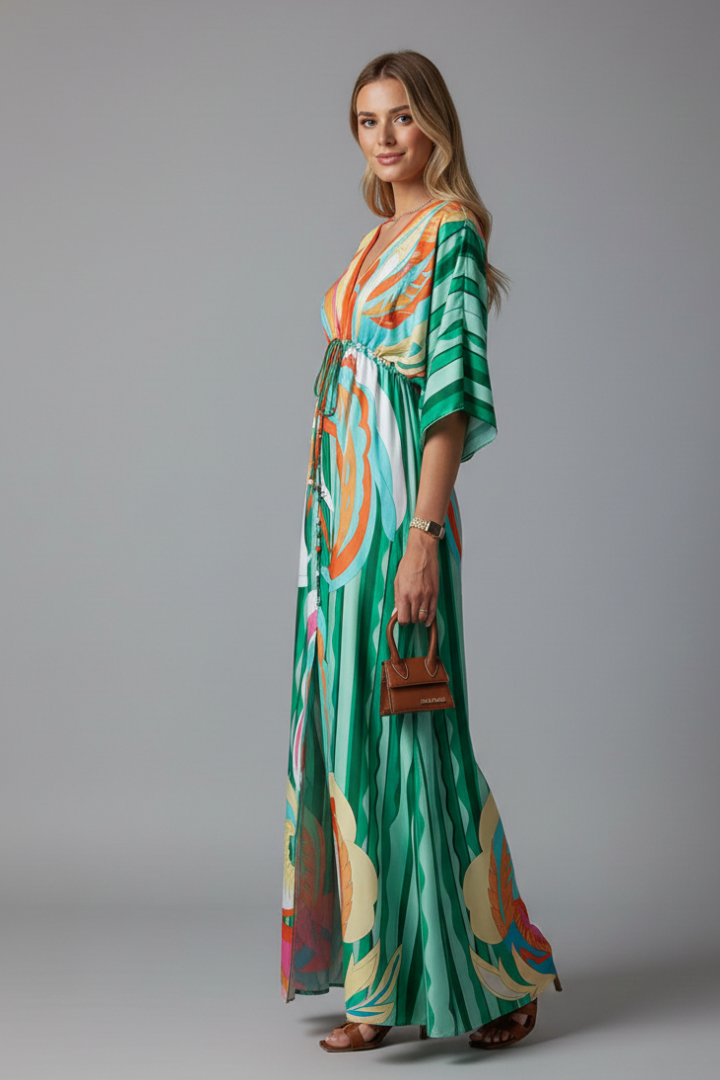Bohemian print maxi dress in green swirl print, side view