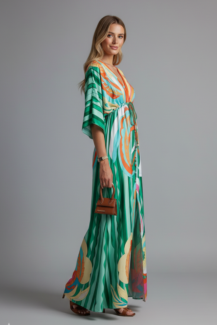 Bohemian print maxi dress in green swirl print, three-quarter view