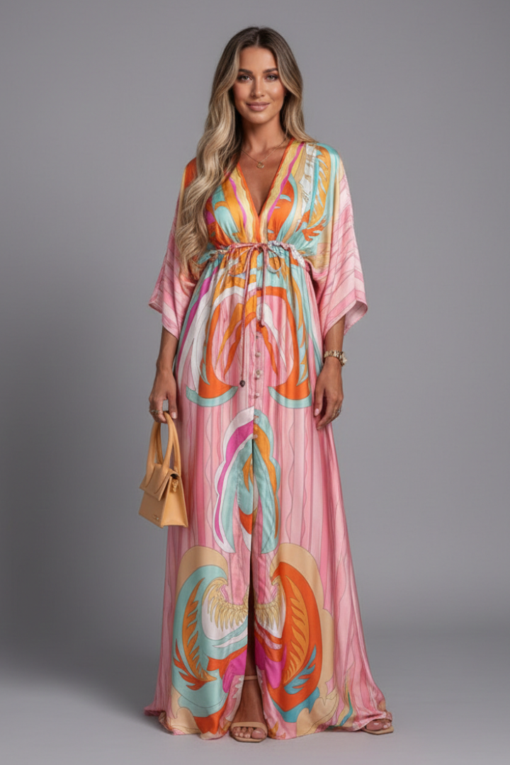 Bohemian print maxi dress in pink swirl print with V neckline